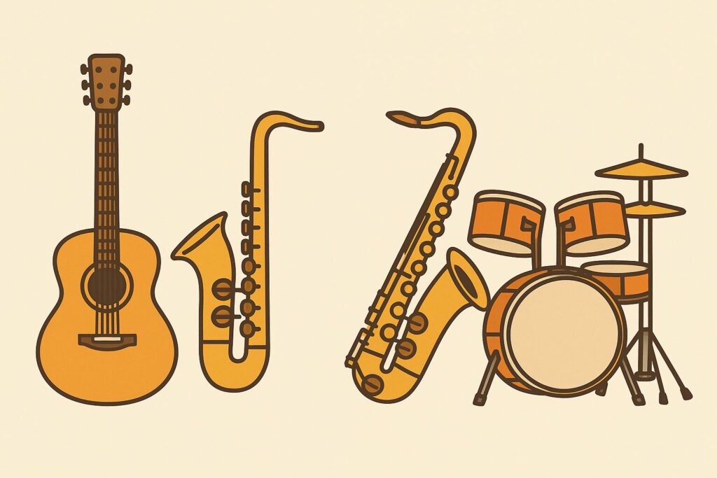 ギター　管楽器、ドラムセット